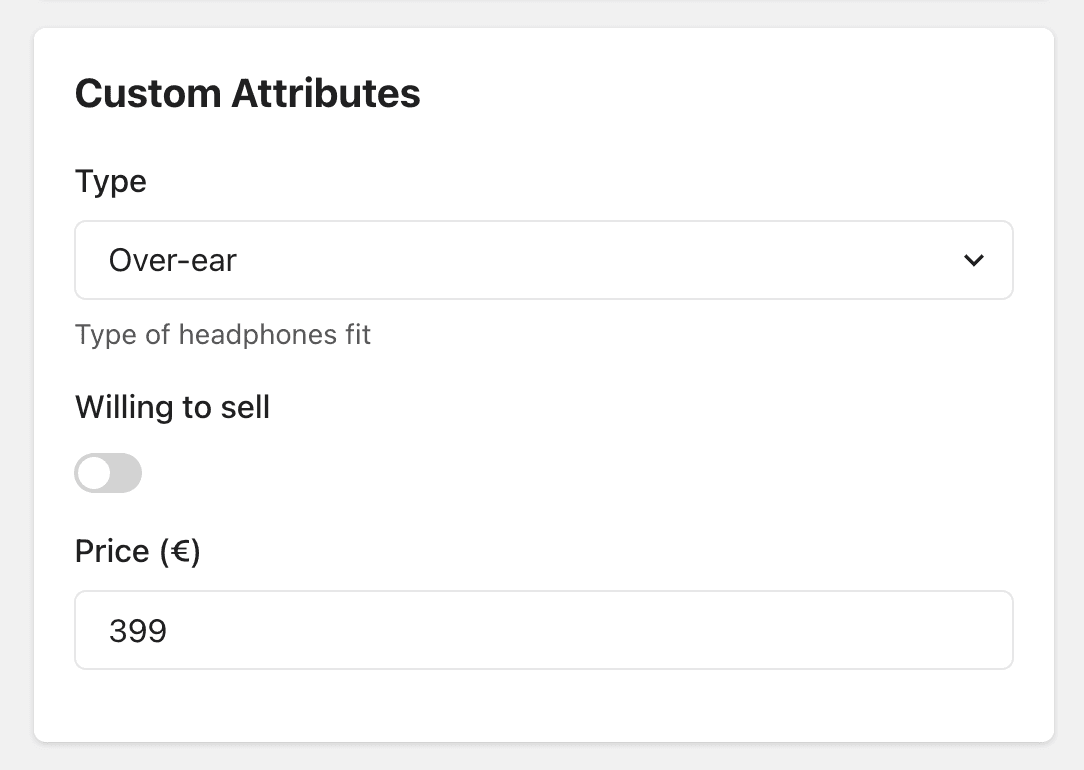 items attributes in evy app